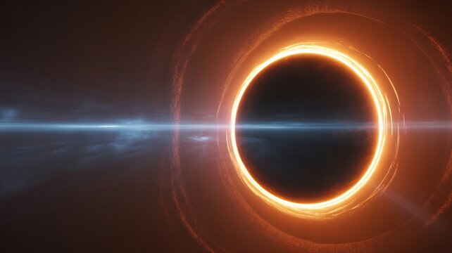 Vibrant orange accretion disk encircles a dark black hole with a bright blue light beam emanating outwards