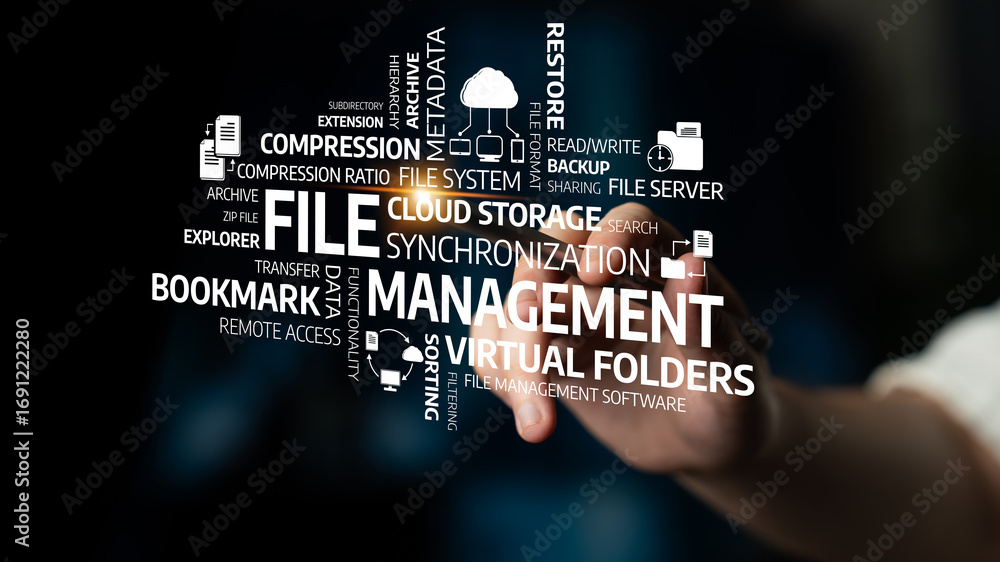 Poster explore effective strategies for file management focusing on cloud storage, data synchronization, vi
