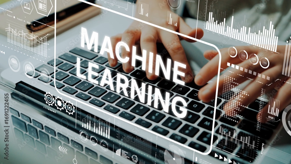 Poster hands typing on laptop keyboard with machine learning concept overlay and analytics graphics. asympt