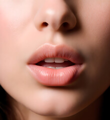Naklejka premium Close-up of female lips slightly open showing teeth, sensual expression