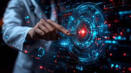 A hand interacts with a luminous digital interface, visualizing complex data and advanced technological concepts. This image displays future system management.