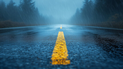 A dark, wet asphalt road with a vibrant yellow line stretches through a dense, misty forest landscape while rain steadily falls.