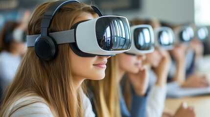 Young users wear virtual reality headsets in a modern classroom, experiencing immersive digital technology and future education.