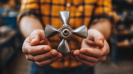 Hands carefully hold a detailed silver metal propeller with four blades. This mechanical part is presented in a close-up view.