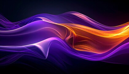 Abstract flowing wave in vibrant purple & orange hues against a dark background. Creates a sense of motion & elegance with translucent, layered forms