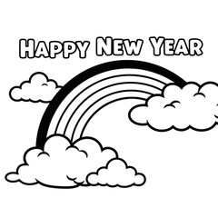 Happy New Year Rainbow with Clouds Black and White Illustration