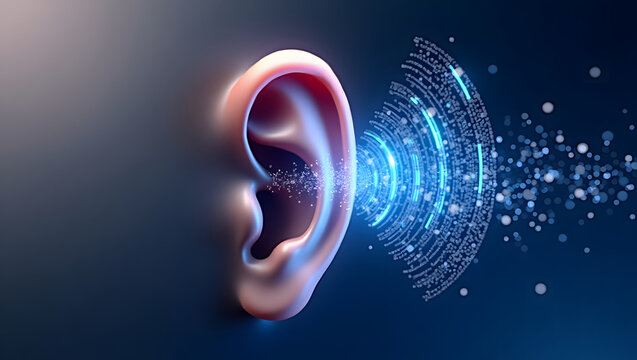 Conceptual Auditory Processing and Digital Data, Human Ear Receiving Futuristic Sound Waves and Information, Hearing the Future An Abstract Visualization, Bio-Digital Interface of the Human Ear - Powered by Adobe