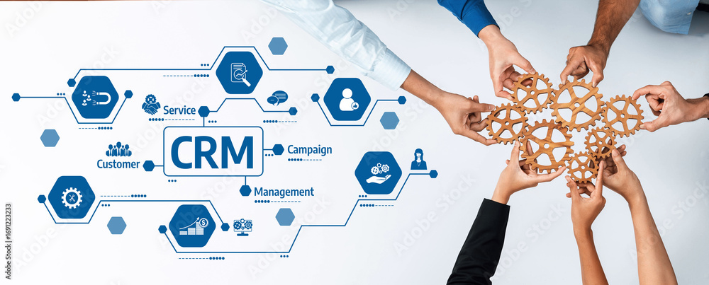 Poster diverse hands work together to devise a strategic crm plan, symbolizing collaboration and innovation
