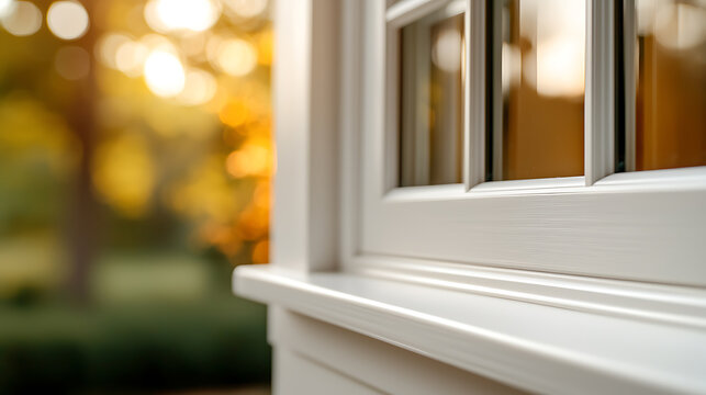 Fototapeta Exterior window detail with blurred autumnal trees in background  bright light and white paint suggest a sense of warmth, tranquility, and coziness.