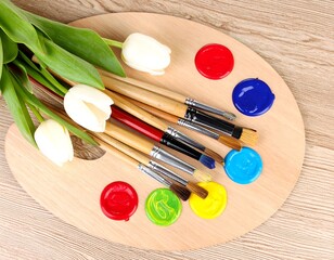 Paintbrushes, tulips, and palette on a wooden table