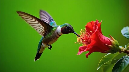 Tiny hummingbird sips nectar from a vibrant red flower in a lush green garden. Green Screen Background - Powered by Adobe