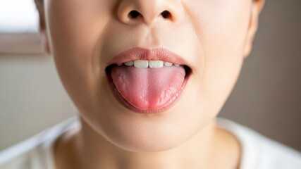 正面から舌を出しオーラルケアをする女性の口元