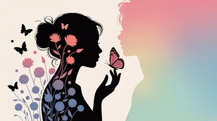 Silhouette of a woman s profile with butterflies and flowers emerging from her hair and body