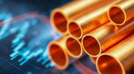 Close-up view of shiny copper tubes arranged on a reflective surface featuring financial graph and data visualization in blue and orange tones