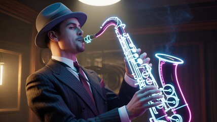 Musician in fedora hat plays a neon lit saxophone in a dimly lit vintage jazz club