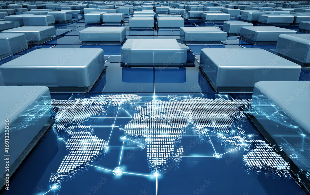 Poster digital world map with connected cubes representing global network