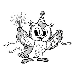 Cartoon Owl with Party Hat and Sparkler