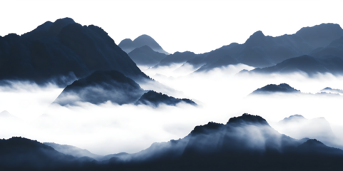 Dark blue mountains shrouded in mist on white isolated on a transparent background