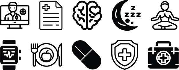 Collection of black medical and health icons in silhouette style isolated on transparent background representing telemedicine doctor medical record brain health sleep meditation fitness tracker health