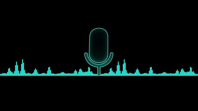 Voice recording mic microphone button icon animation, neon line microphone icon, Music or sound vizualization with sound wave, neon audio microphone icon waveform background.