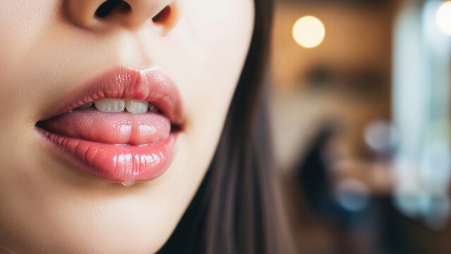 舌で唇を舐め唾液が糸を引くセクシーな口元のアップ
