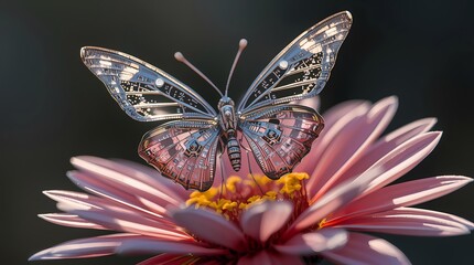 Futuristic butterfly with microchip wings on a flower, butterfly on a flower