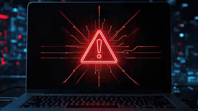 Red warning alert sign appearing on a laptop screen in a dark server room, representing the growing threat of phishing attacks and cyber crime