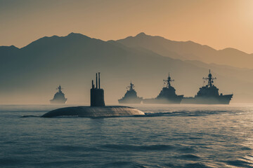 A photo of an submarine sailing in the sea near the  warships