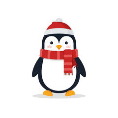 Cute Cartoon Penguin Wearing Red Hat and Scarf