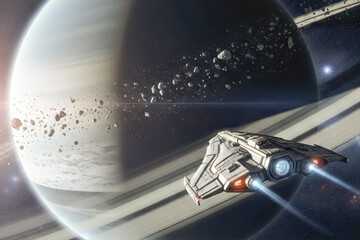 spaceship flying past a ringed gas giant planet in a distant galaxy