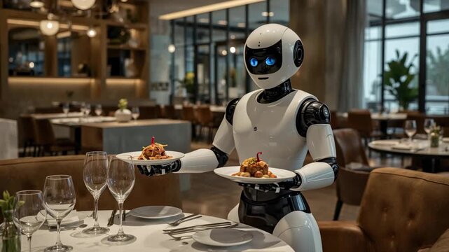 Humanoid robot delivering plates of gourmet food to a table in a modern restaurant, highlighting advancements in automated hospitality and the future of dining experiences