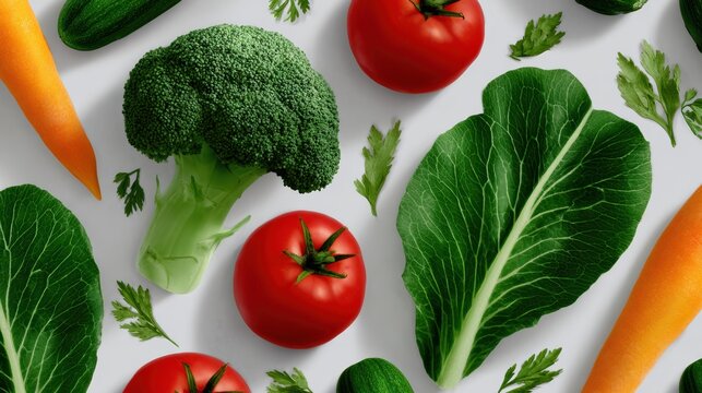 watercolor vegetable pattern, watercolor vegetable pattern in a playful layout, with broccoli, carrots, cucumbers, and herbs in a soft pastel palette for wrapping and digital use - Powered by Adobe