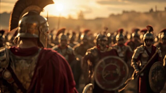 Roman centurion wearing armor and holding a spear and shield, leading his legion into a battle during a beautiful sunset in the Roman Empire