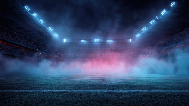 Stunning photo of textured soccer game field with neon fog - center, midfield. Empty soccer stadium with spotlight and fan tribune football team. Concept of live sport events.