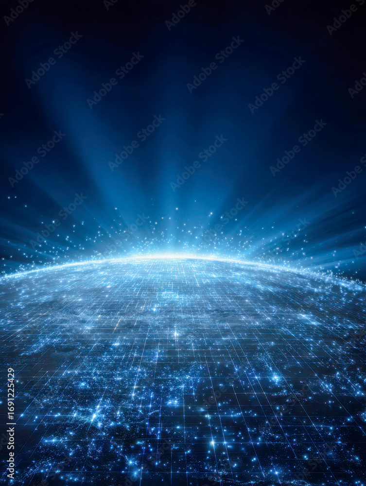 Poster futuristic digital globe illuminated with blue glowing lights and radiant beams representing advance