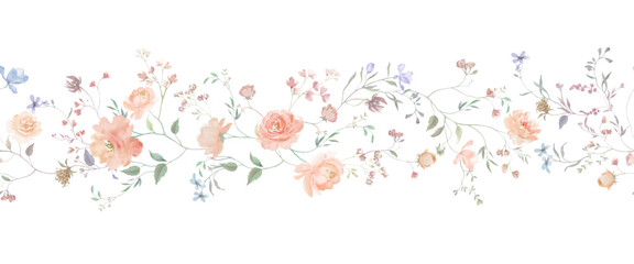 Seamless border with watercolor hand painted whimsical floral. Botanical background. Hand drawn illustration. Vector EPS.