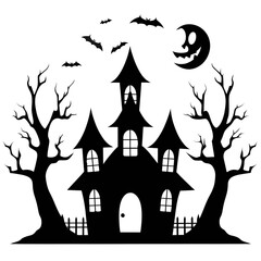 Spooky Halloween haunted house silhouette under full moon with bats flying, perfect for holiday invitations and eerie designs, originally scalable vector graphic