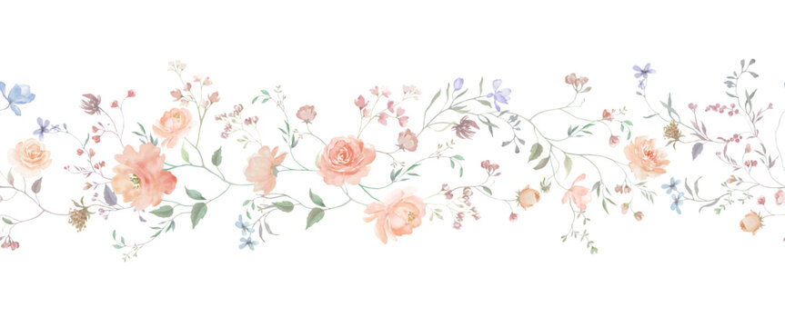 Seamless border with watercolor hand painted whimsical floral. Botanical background. Hand drawn illustration. Vector EPS.