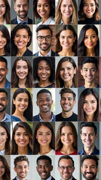 Multi ethnic people of different age looking at camera collage mosaic horizontal banner. Many lot of multiracial business people group smiling faces headshot portraits. Wide panora.
