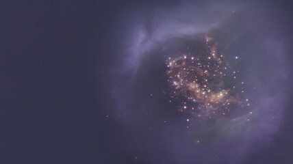 Fototapeta premium Abstract swirling purple and blue nebula with bright star clusters and cosmic dust in deep space