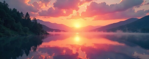 Serene sunrise over a tranquil lake, reflecting the peaceful, spiritual energy of nature Perfect for meditation, yoga, or mindfulness themes , mindfulness, serenity