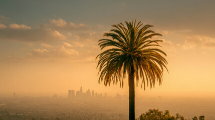 A tranquil sunset scene featuring a solitary palm tree against a city skyline with a warm, golden glow and soft clouds in the sky, evoking a peaceful tropical atmosphere