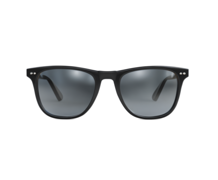 Pair of sunglasses with a black frame and a gray lens