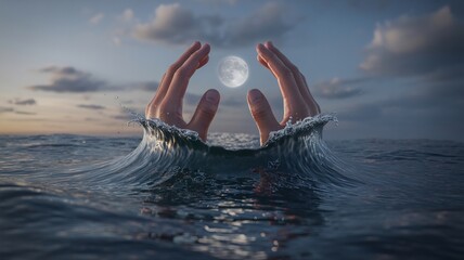 Human hands emerge from dark ocean waves at dusk gently cupping a luminous full moon above