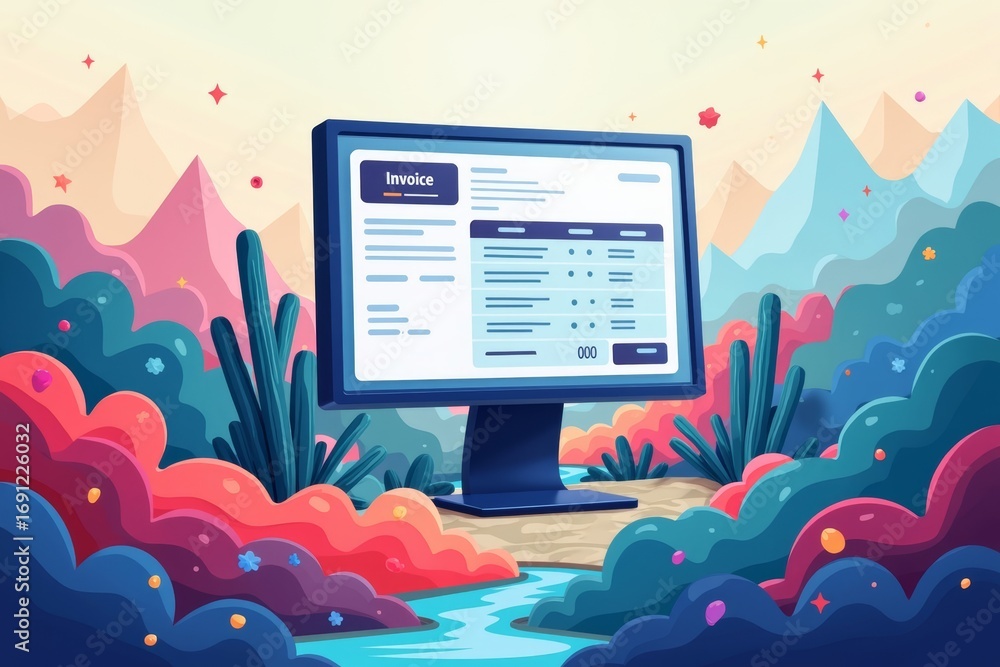 Poster vibrant abstract digital landscape symbolizing online e-invoice and statement software efficiency an