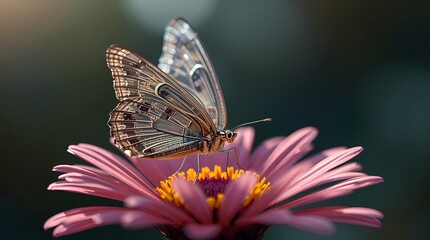 Futuristic butterfly with microchip wings on a flower, butterfly on a flower