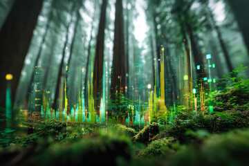 Digital data visualization merging with a lush forest setting