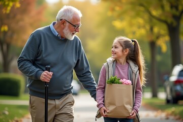  and intergenerational bond between the two individuals.  A Heartwarming Moment: A Senior Man Extending a Helping Hand to His Daughter Carrying Heavy Groceries
