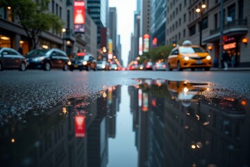 Reflecting the city skyline in a rain puddle on a bustling street.