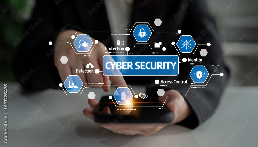 Poster a person interacts with a smartphone while a digital interface displays various cyber security conce